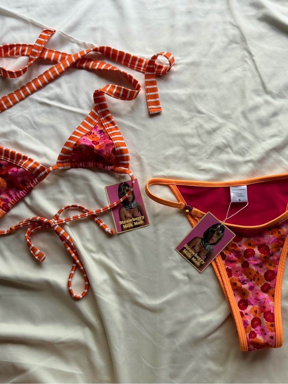Strawberry Milk Mob Orange & Pink Floral Stripe Tie Bikini